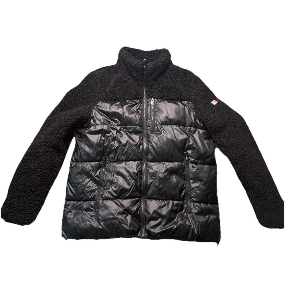 Tommy Hilfiger Women's‎ Sherpa Mixed Media Puffer Jacket Black Logo Medium